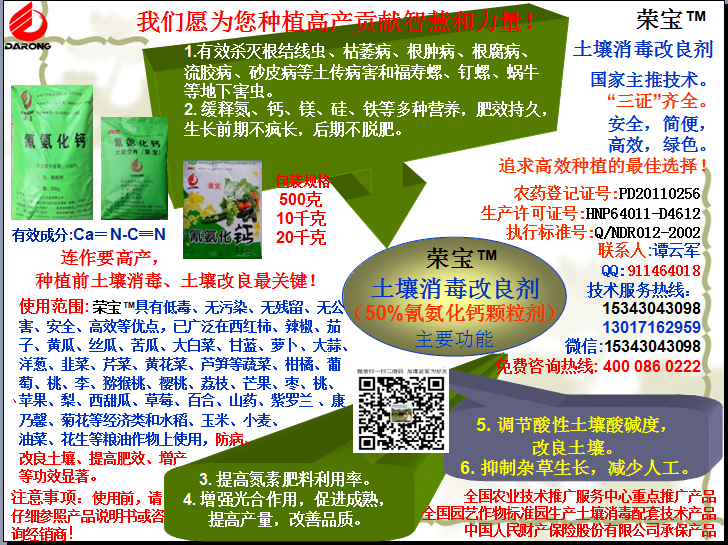 榮寶（氰氨化鈣）顆粒殺菌劑，土壤消毒、緩釋氮鈣營(yíng)養(yǎng)、肥料增效、土壤改良四效合一，殺滅根結(jié)線(xiàn)蟲(chóng)，防治根腫病、根腐病、枯萎病、流膠病、蓮藕腐敗病等土傳病害，殺滅福壽螺、釘螺等地下害蟲(chóng)，解決連作障礙